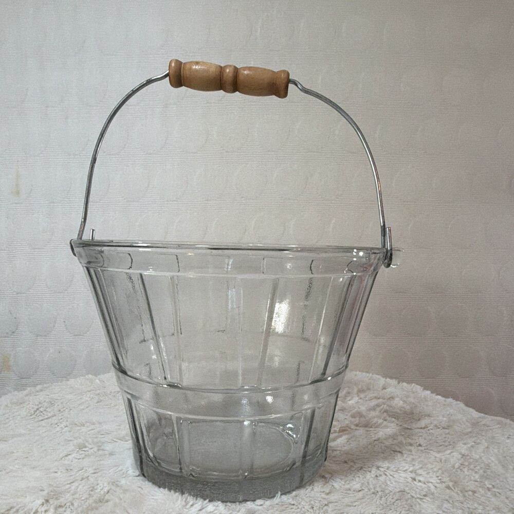 Vintage Anchor Hocking Glass Ice Bucket with Wooden Handle – Barrel Style